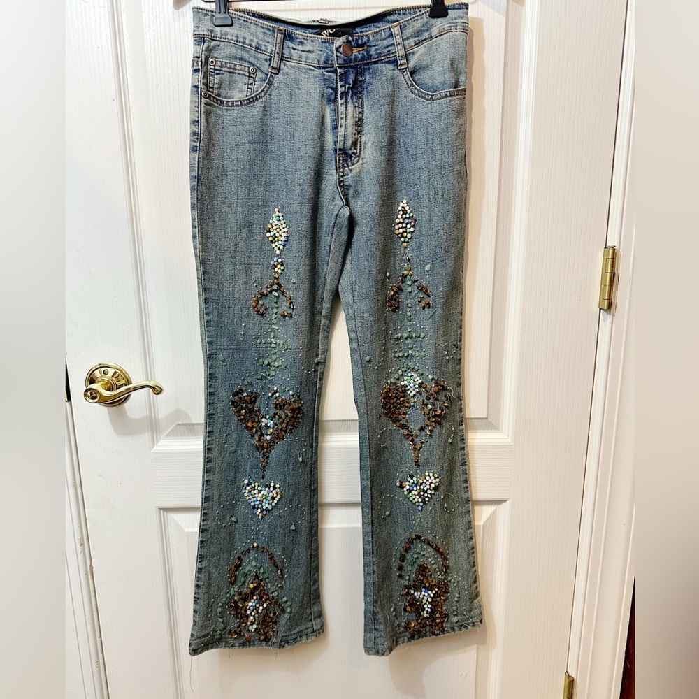 Bootleg Jeans Embellished with Tiger Eye Beads and Jade